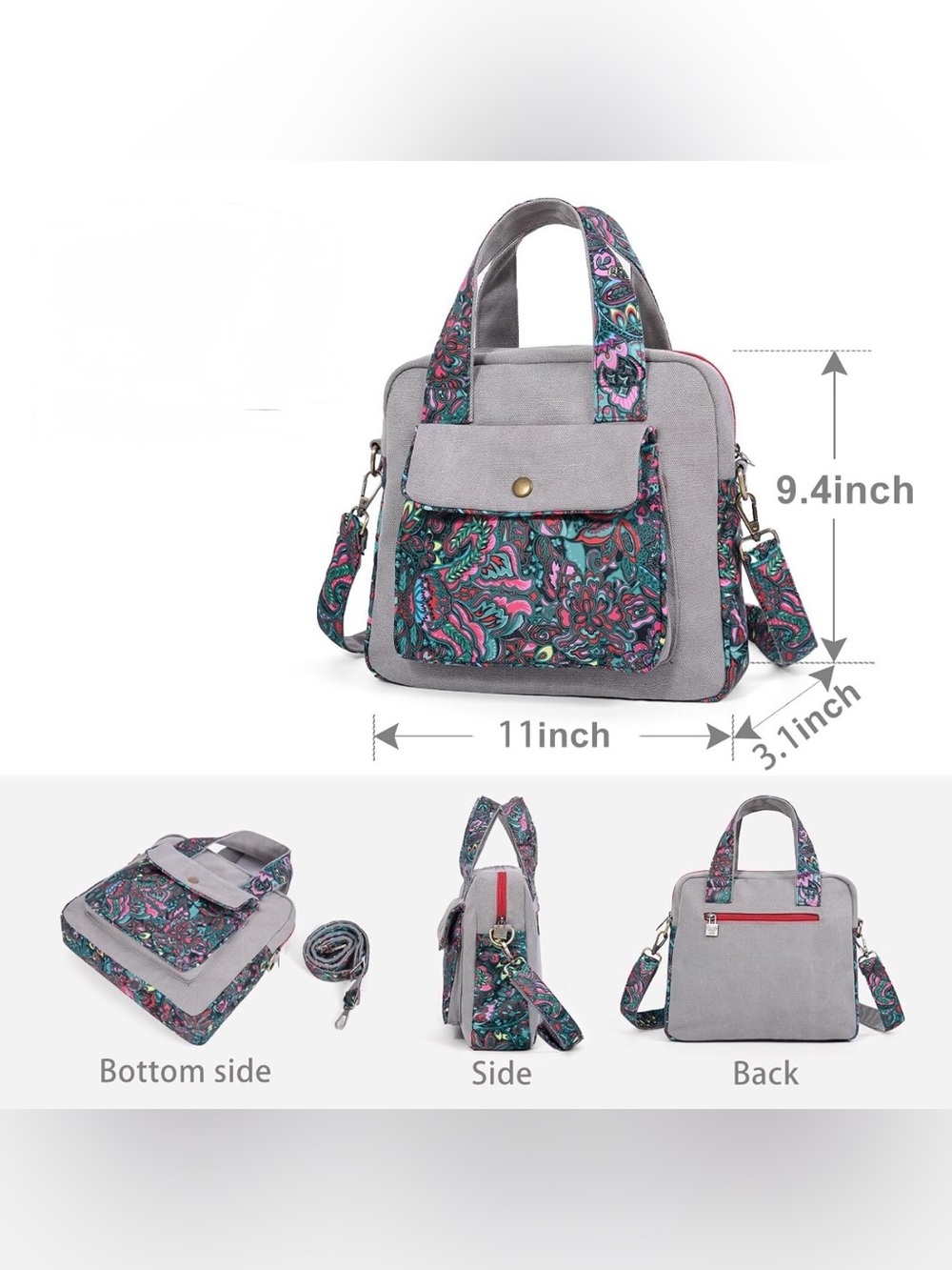 Black Butterfly Floral Canvas Crossbody Purse for Women, Boho Shoulder Bag - Picture 3 of 15